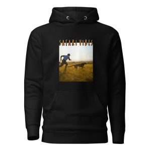 Black unisex pullover hoodie with “Safari Vibes” graphic of a person and cheetah running across a savannah