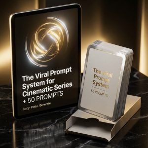 3D mockup of The Viral Prompt System for Cinematic Series ebook, workbook, and 50 prompt cards on dark marble surface.