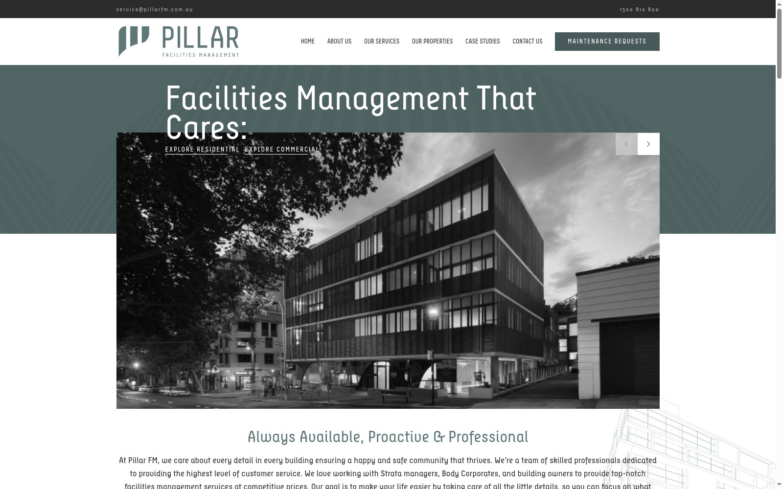 Pillar Facility Management homepage screenshot