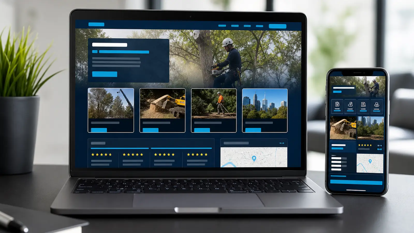 Tree-service website displayed on desktop and mobile devices