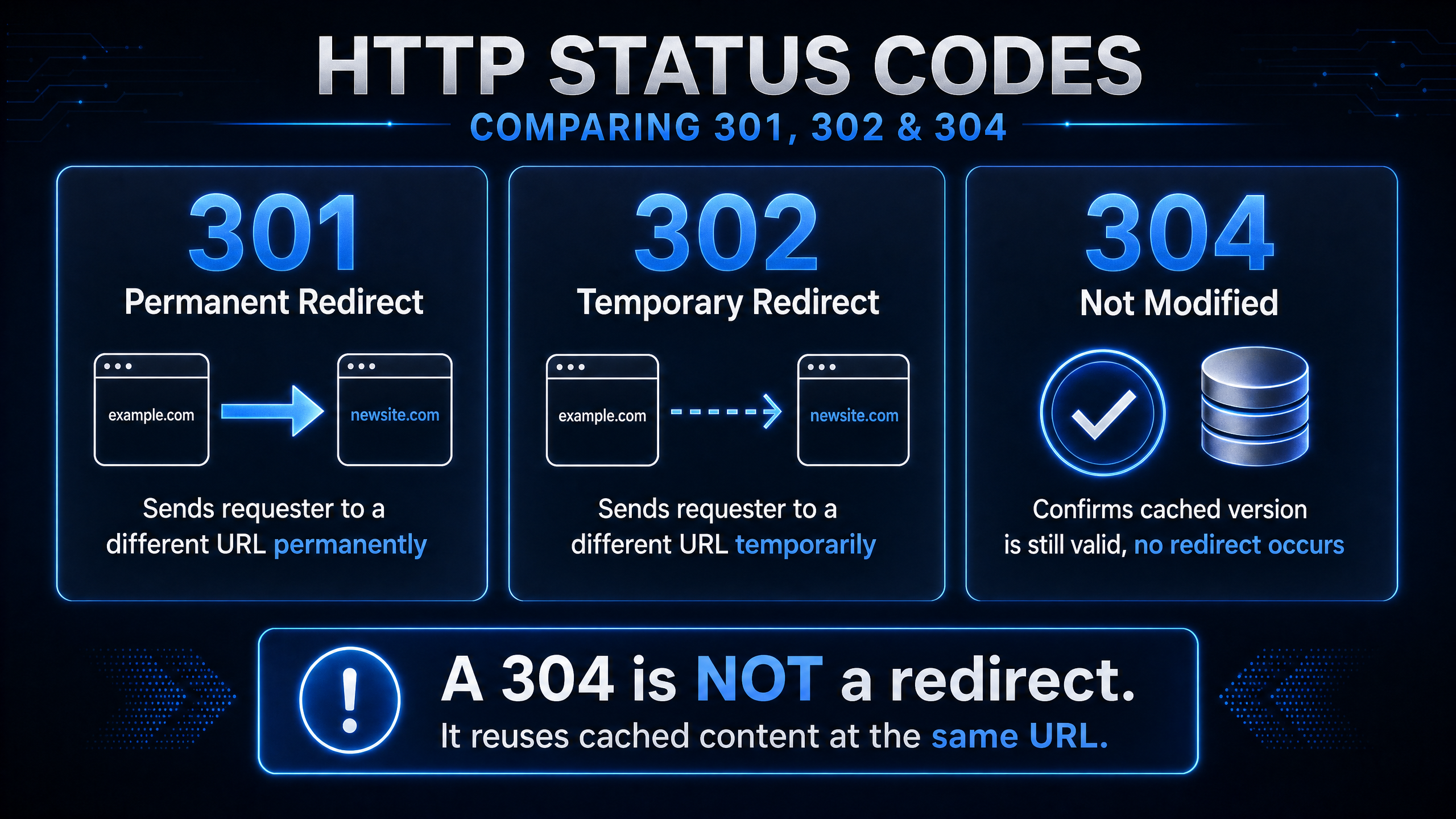 Comparison of 304 Not Modified with 301 and 302 redirect status codes