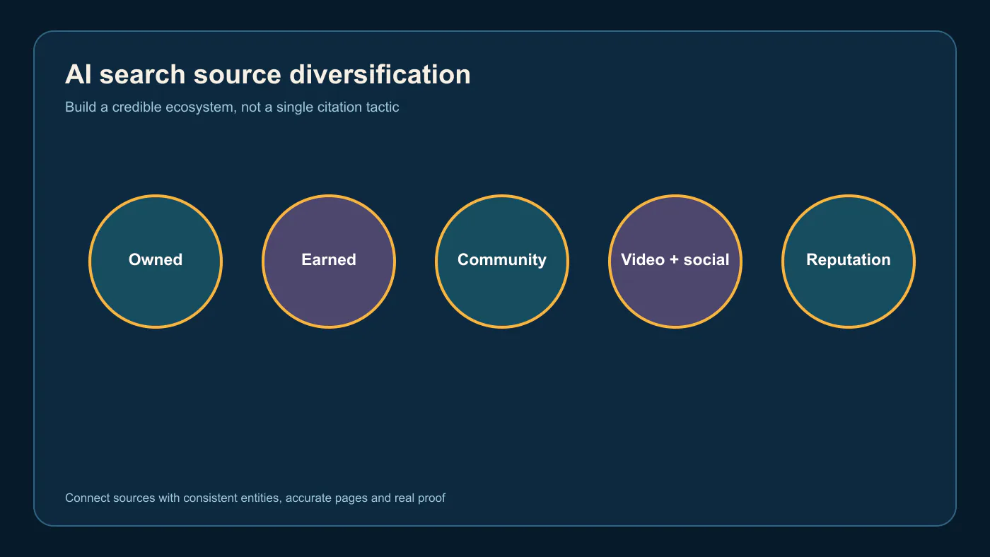 AI search source diversification model using owned, earned, community, video, and reputation channels