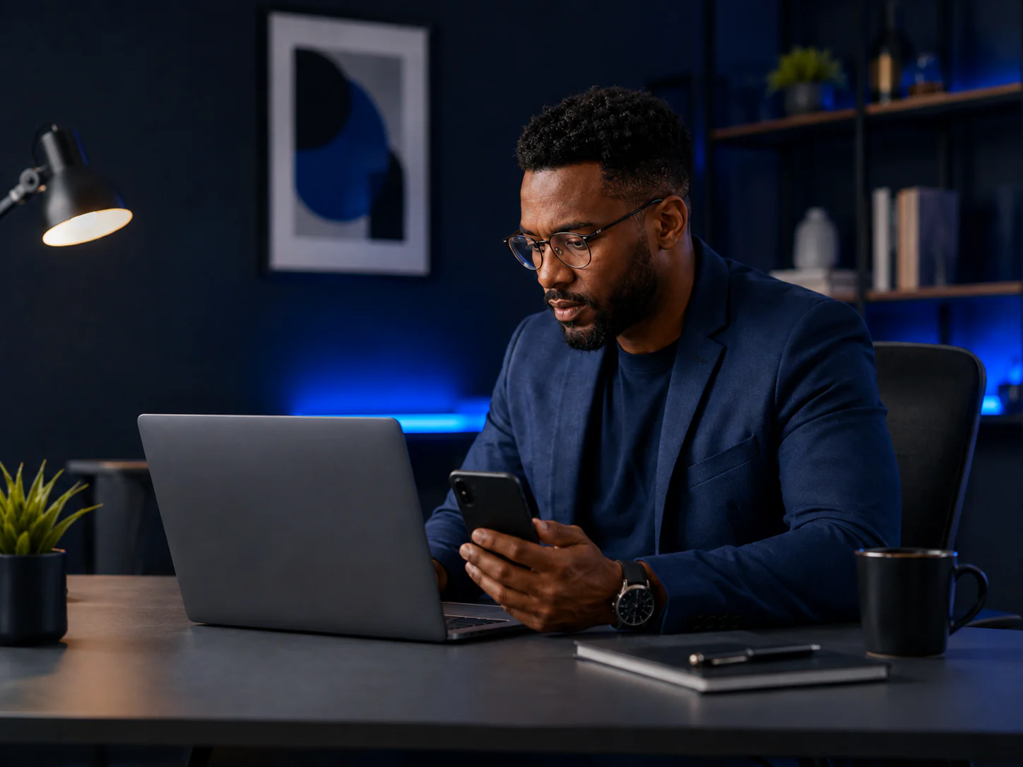 Business owner reviewing an Atlanta landing page campaign on a laptop and phone