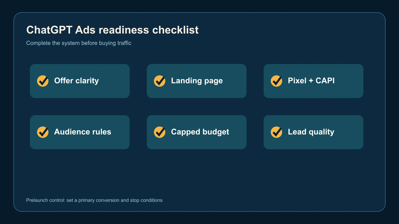 ChatGPT Ads readiness checklist covering offer, landing page, tracking, audiences, budget, and lead quality