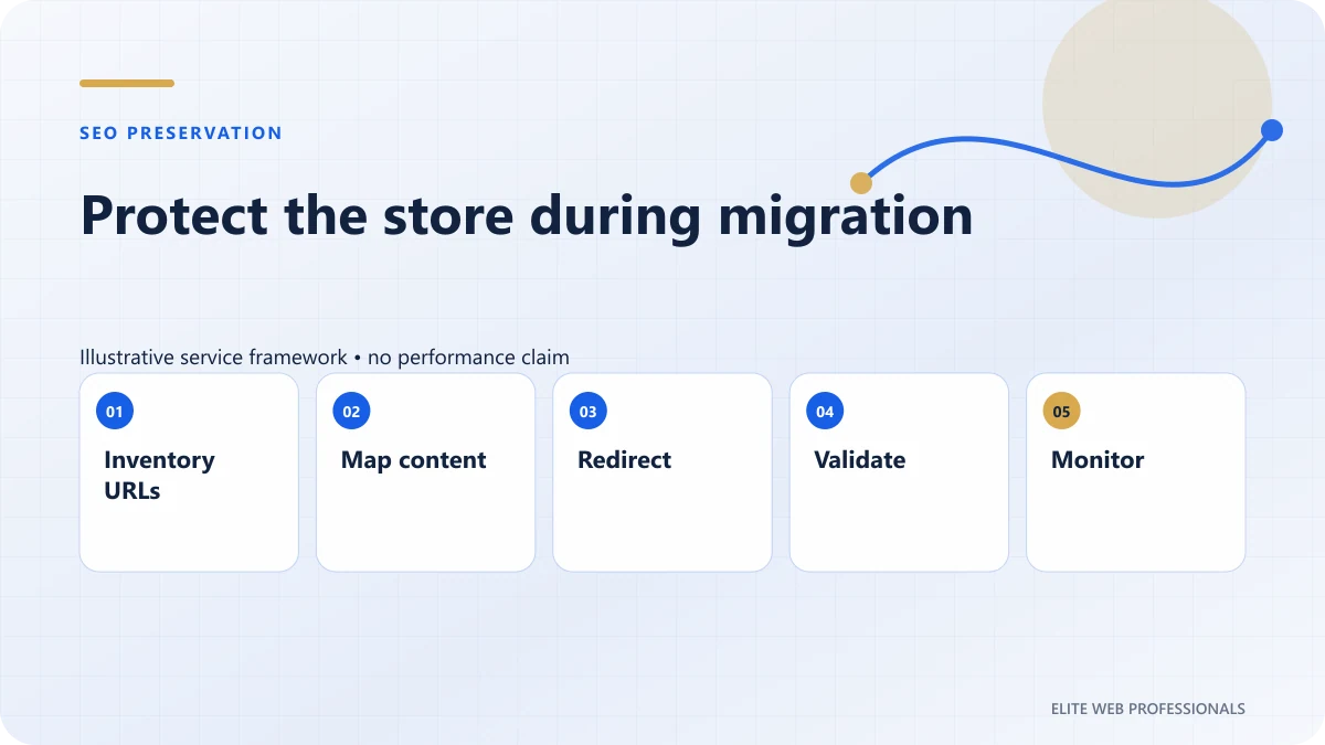 Ecommerce redesign and SEO migration plan covering product URLs, redirects, canonicals, and tracking