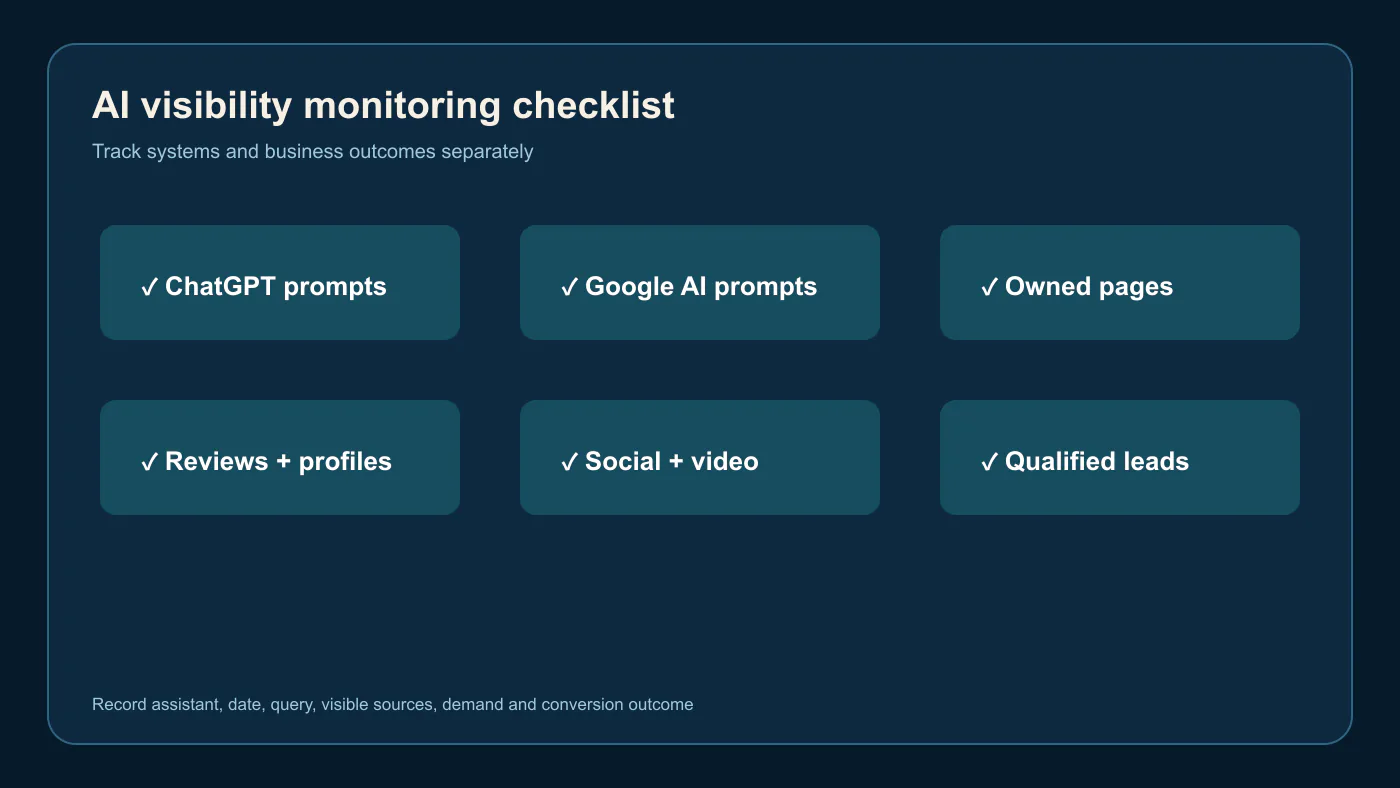 AI visibility monitoring checklist for ChatGPT, Google AI, websites, reviews, and social sources