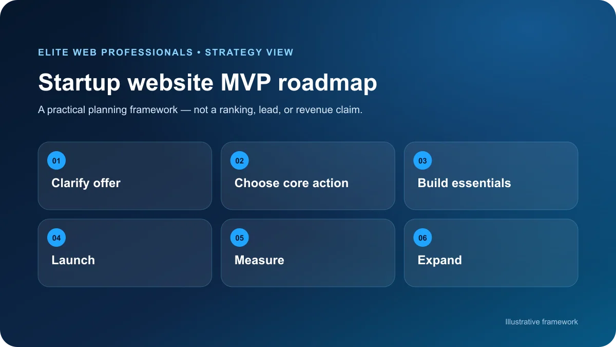 Startup website MVP roadmap from offer clarity to launch, tracking, and expansion