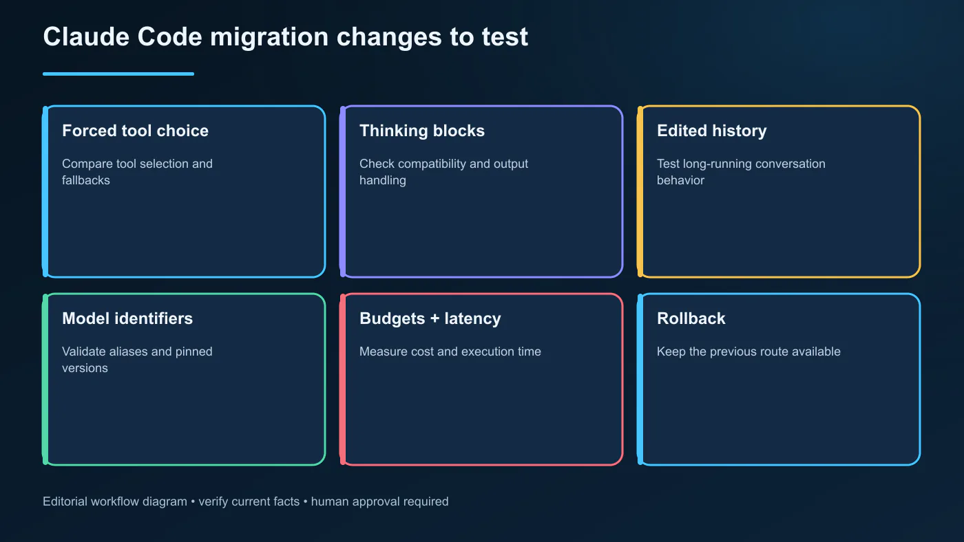 Claude Code migration diagram covering forced tools, thinking-block compatibility, and edited conversation history