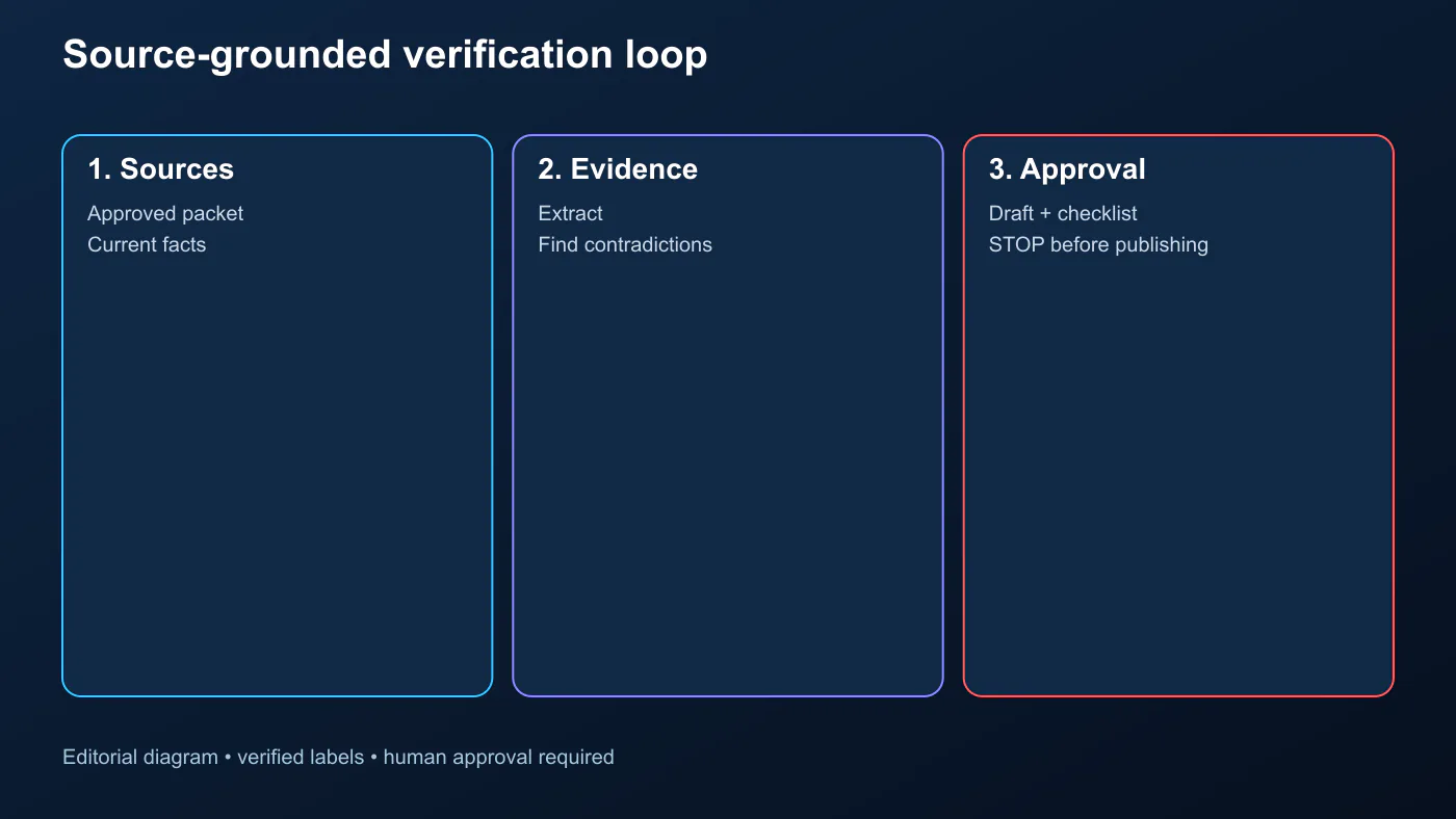 Source-grounded Gemini workflow separating evidence extraction, contradiction checking, recommendations, drafting, and human approval