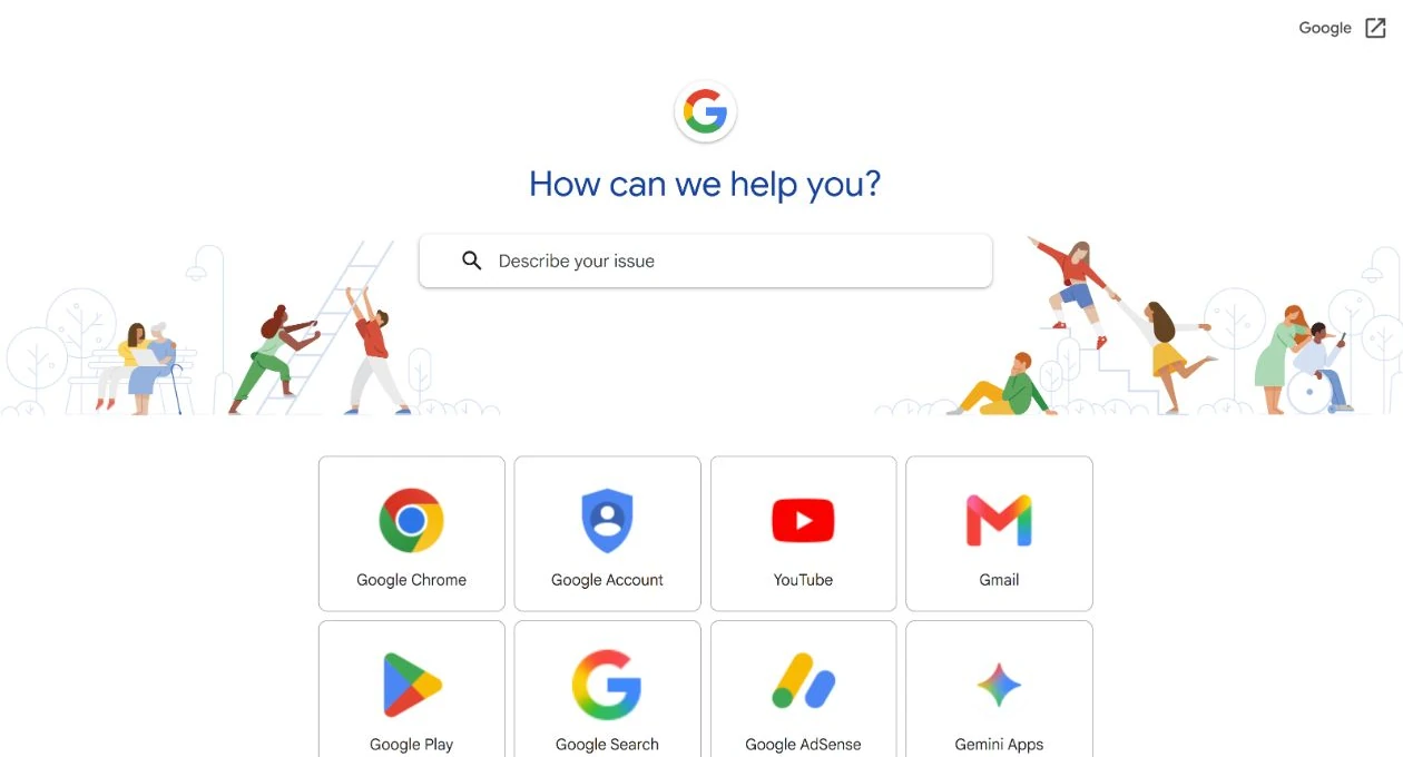 Google Help homepage with a simple search prompt above categorized help centers.