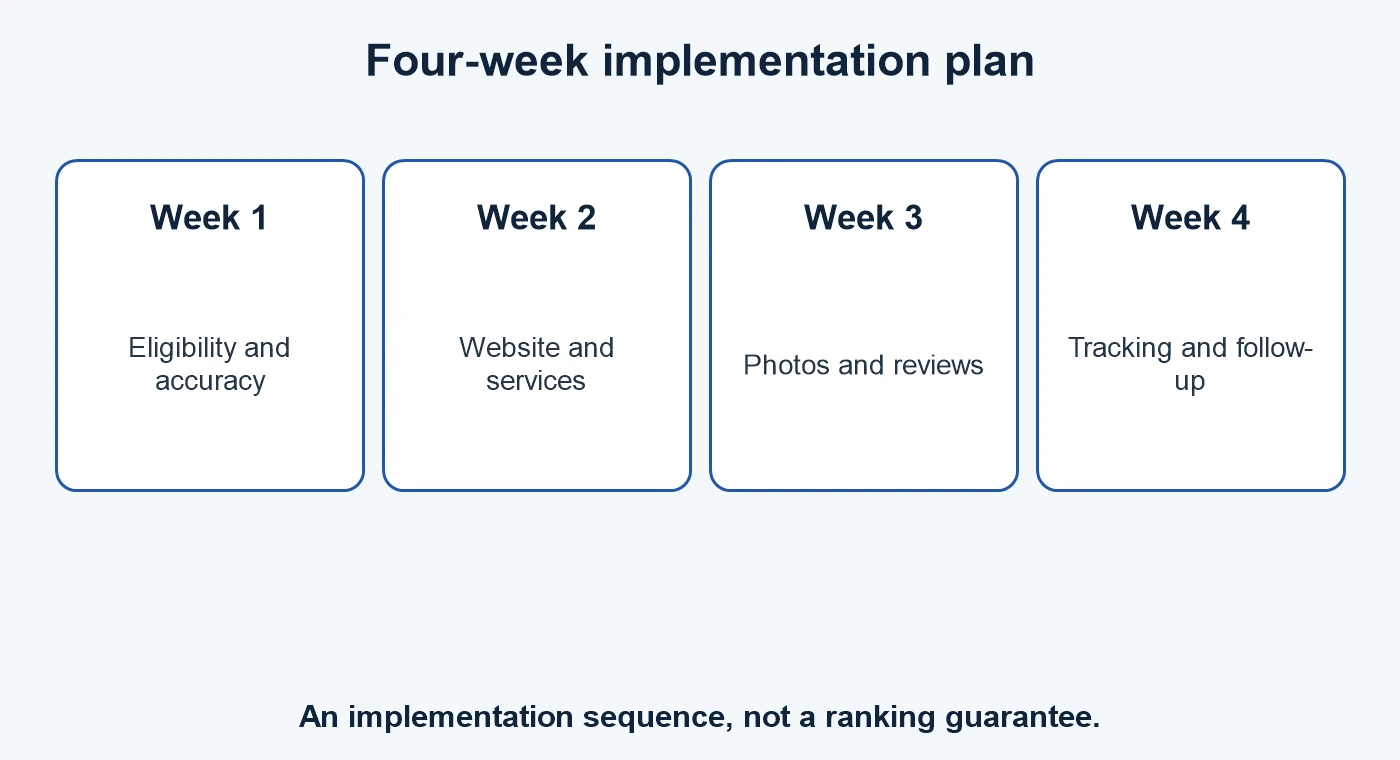 Four-week Google Maps plan for eligibility, website alignment, customer proof and measurement