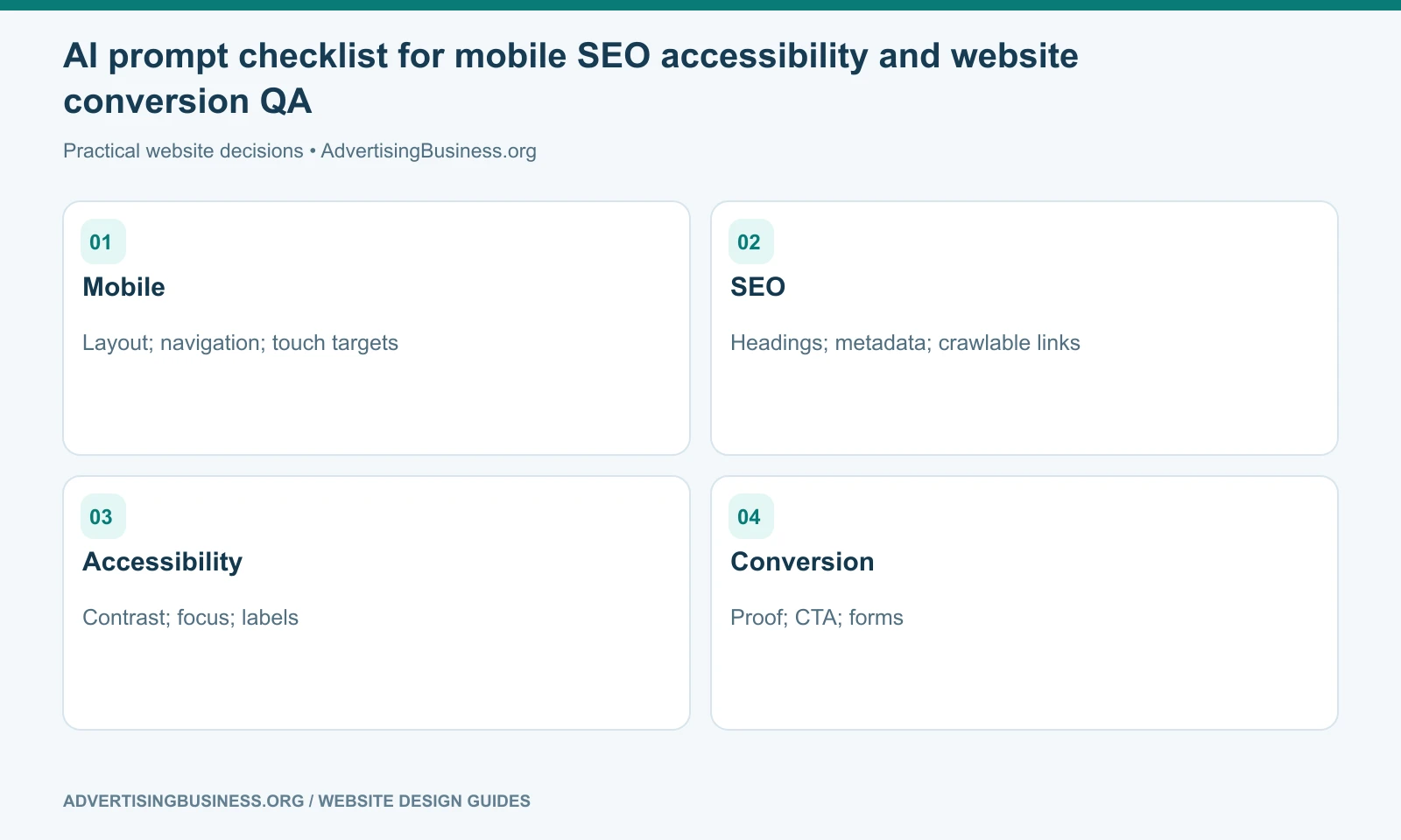 AI prompt checklist for mobile SEO accessibility and website conversion QA