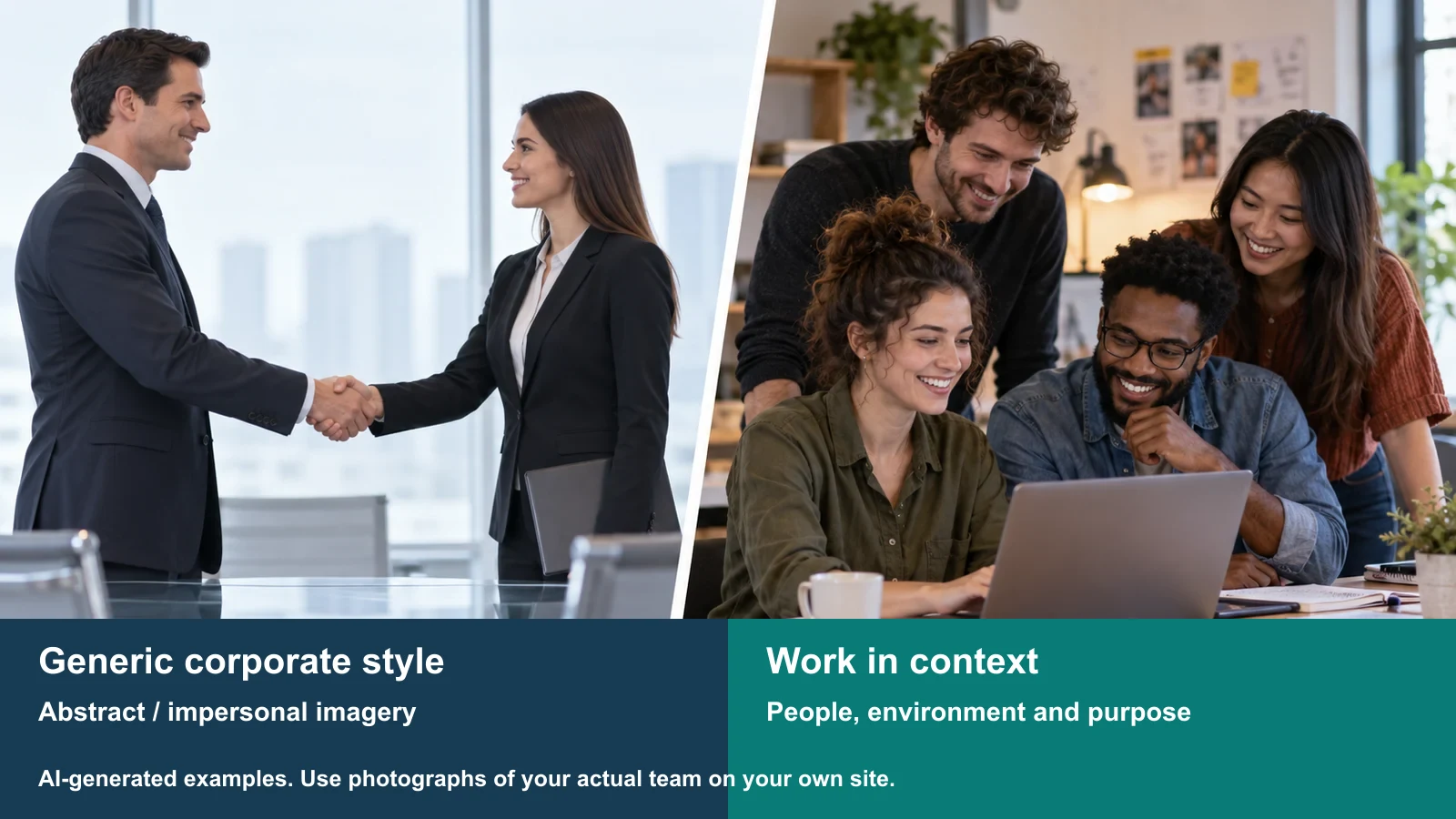 Comparison between authentic team photography and generic stock photography on an About page